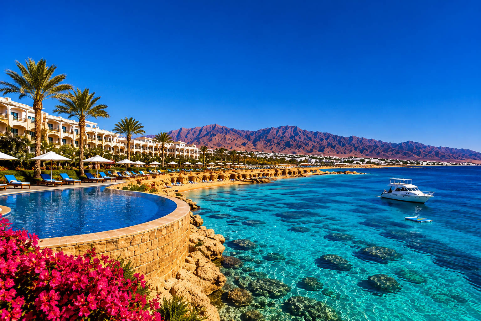 Sharm El Sheikh luxury beach escape with a premium Red Sea resort, turquoise waters, palm-lined beach and mountain views, featuring MOD Touristik’s 6-day, 5-night travel package from Beirut, from $690 per person, including return flights, hotel accommodation, roundtrip transfers, security approval and travel insurance.