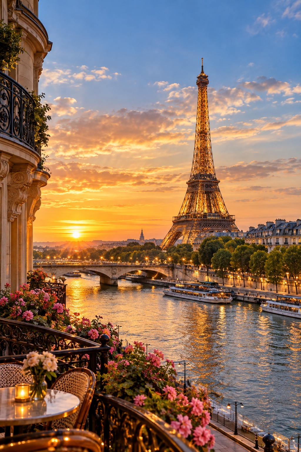 Paris at sunset with the Eiffel Tower illuminated above the Seine River, surrounded by historic Parisian buildings, a bridge, boats, and a flower-filled balcony overlooking the city.
