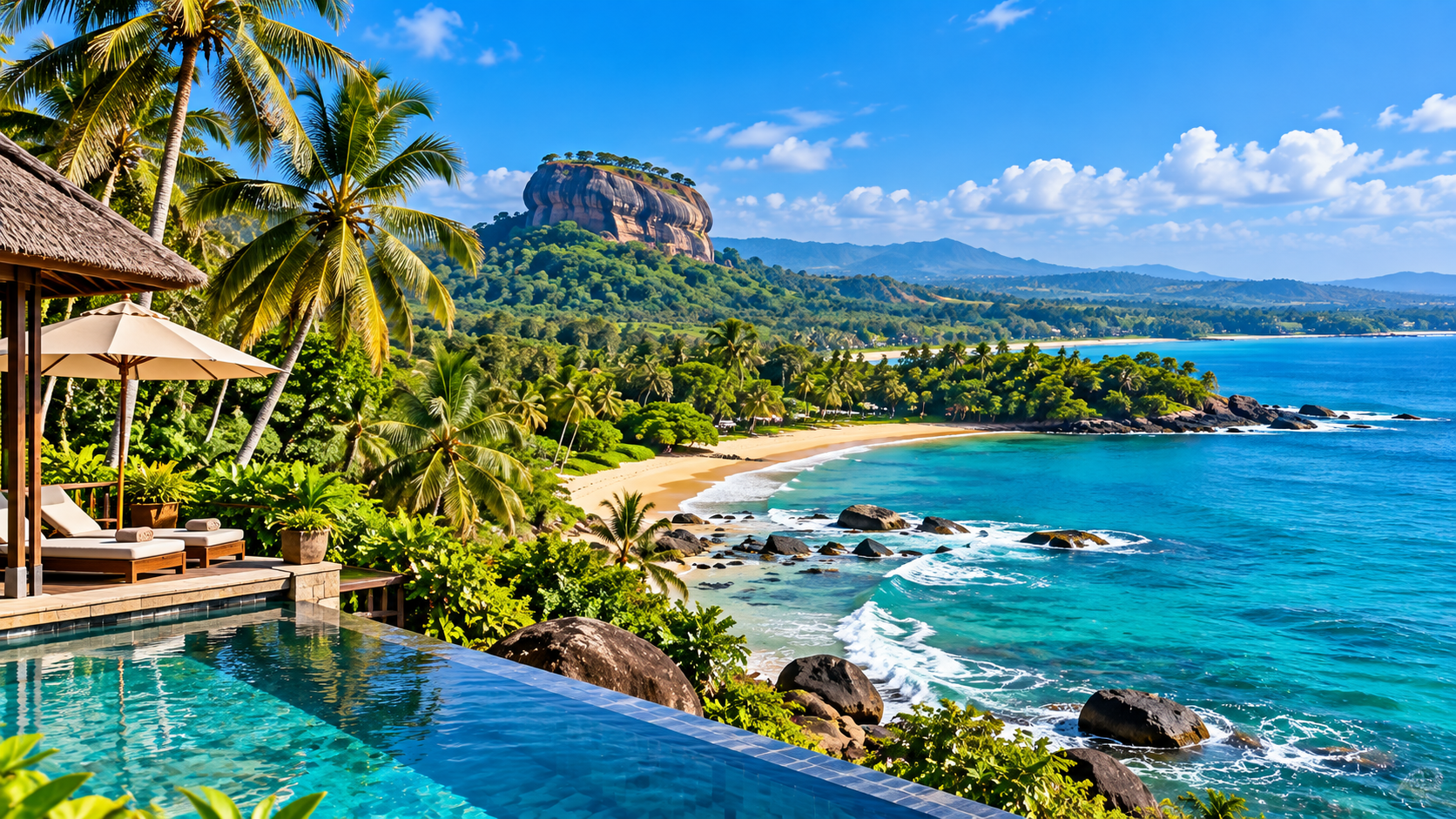 Luxurious daytime view of Sri Lanka featuring a tropical beach, turquoise ocean, palm trees, lush jungle, an infinity pool, and the iconic Sigiriya rock fortress beneath a clear blue sky.
