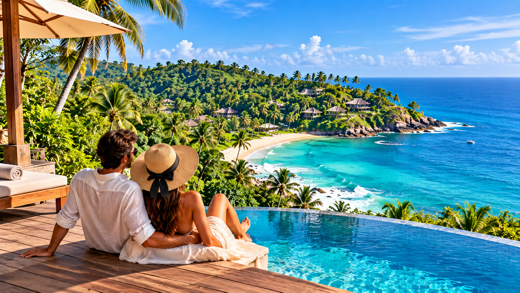 Honeymoon couple relaxing beside a luxury infinity pool overlooking a turquoise Sri Lankan beach, surrounded by palm trees, lush tropical hills, and elegant beachfront villas under a bright blue sky.