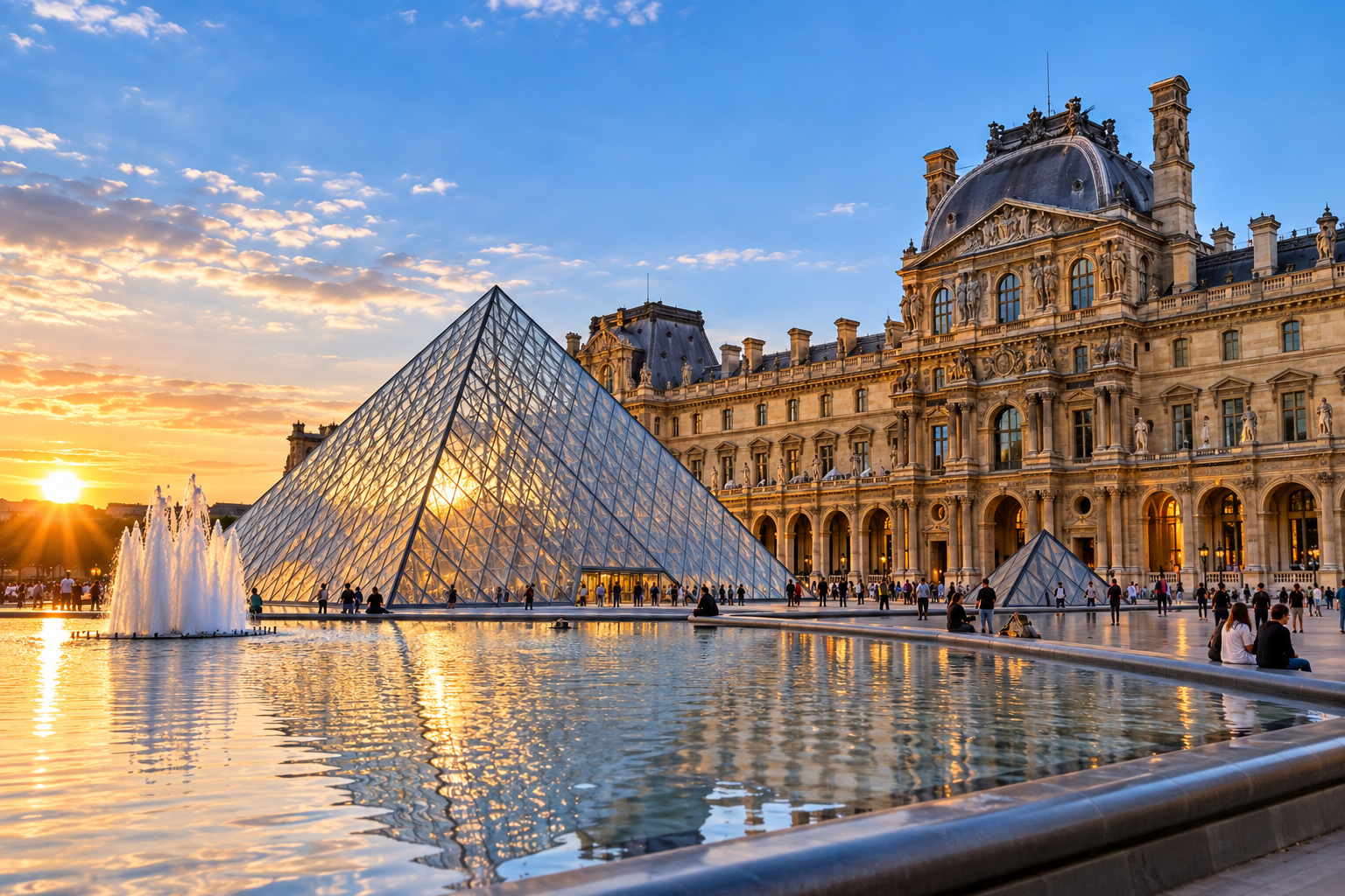 The Louvre Museum and its iconic glass pyramid illuminated by golden sunset light in Paris, France.